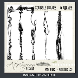 May include: Five black and white scribble frames. The frames are made of abstract lines and shapes. The text "Scribble Frames - 5 Frames" is at the top of the image. The text "Art Inspires Designs" is at the bottom left of the image. The text "PMG Files - Artistic Use" is at the bottom right of the image. The text "Instant Download" is at the bottom center of the image.