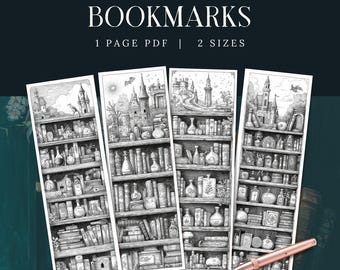 May include: Four black and white bookmarks with detailed illustrations of bookshelves filled with books and potion bottles. The bookmarks have a fantasy theme with castles and flying creatures. The text "BOOKMARKS" and "1 PAGE PDF | 2 SIZES" is at the top.