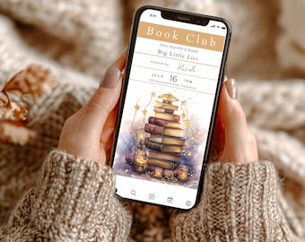 Digitale Einladungsvorlage für Buchclubs, CANVA, bearbeitbare Einladung für Text und E-Mail, Einladung zur elektronischen monatlichen Buchbesprechung, Leseclub