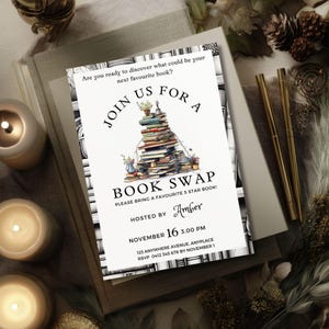 Book Swap Invitation, CANVA TEMPLATE, Book Club Themed Meeting, Editable Book Club Invite, Digital Party Evite, Monthly Reading Swap Meeting