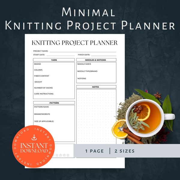 Knitting Project Planner, INSTANT DOWNLOAD, Minimal Knitters Journal PDF, Yarn Patterns Organiser, Knit Project Tracker, Craft Printable