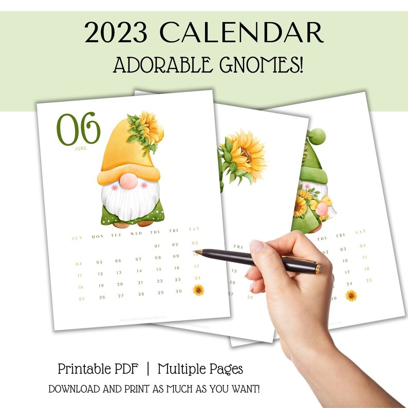 2023 Calendar Printable Sunflower Calendar Gnome Calendar Etsy