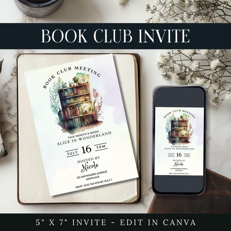 Invitation à une réunion de club de lecture, modèle CANVA, impression sur étagère, invitation à un club de lecture modifiable, invitation numérique, fête de lecture, PDF mensuel image 2