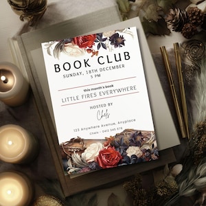 Dark Floral Book Club Invitation, CANVA TEMPLATE, Reading Printable, Editable Book Club Invite, Digital Party Evite, Monthly Reading Meeting