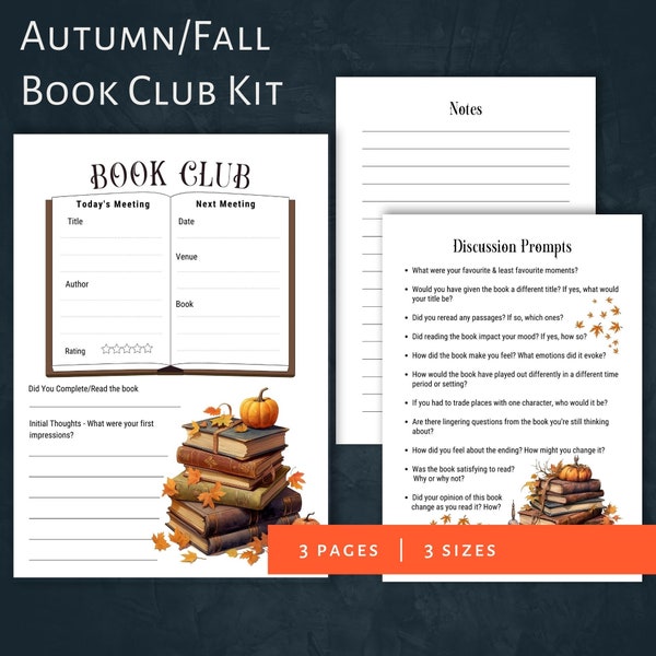 Fall Book Club Kit, INSTANT DOWNLOAD, Autumn Reading Group, Printable Book Discussions, Engaging Questions for Book Lovers, Meeting Notes
