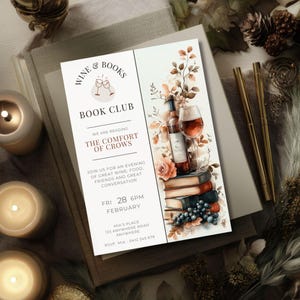 Wine & Book Club Invitation, CANVA TEMPLATE, Book Stack Reading Printable, Editable Book Club Invite, Digital Party, Monthly Library Meeting
