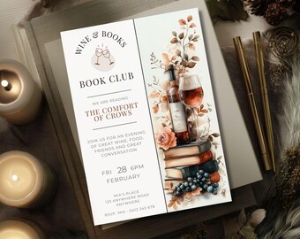ワイン＆ブッククラブ招待状、CANVAテンプレート、印刷可能なブックスタック読書、編集可能なブッククラブ招待状、デジタルパーティー、月例図書館ミーティング
