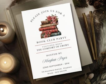 Book Club Invite Template, Rose Vintage Party Digital Invite, Reading Printable, Editable Book Meeting Invitation, Reading Group Flyer