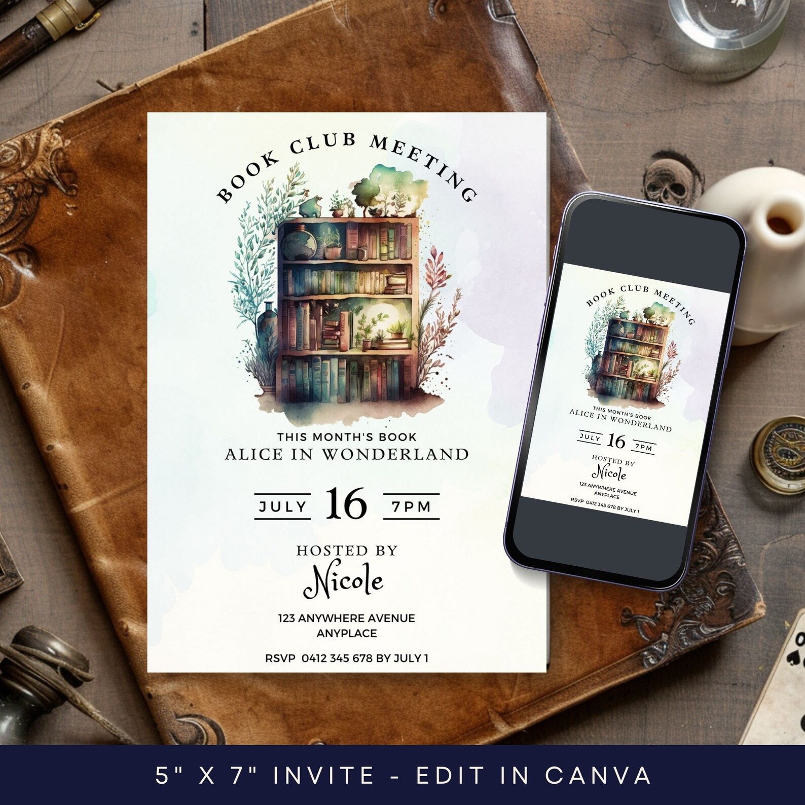 Book Invite Book Club Meeting Invitation, CANVA TEMPLATE, Bookshelf Printable ...