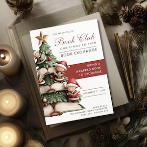 Book Swap Invite, CANVA TEMPLATE, Holiday Book Exchange, Editable Book Club Invitation, Digital Party Evite, Christmas Reading Swap Meeting