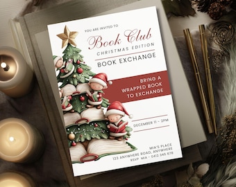Book Swap Invite, CANVA TEMPLATE, Holiday Book Exchange, Editable Book Club Invitation, Digital Party Evite, Christmas Reading Swap Meeting