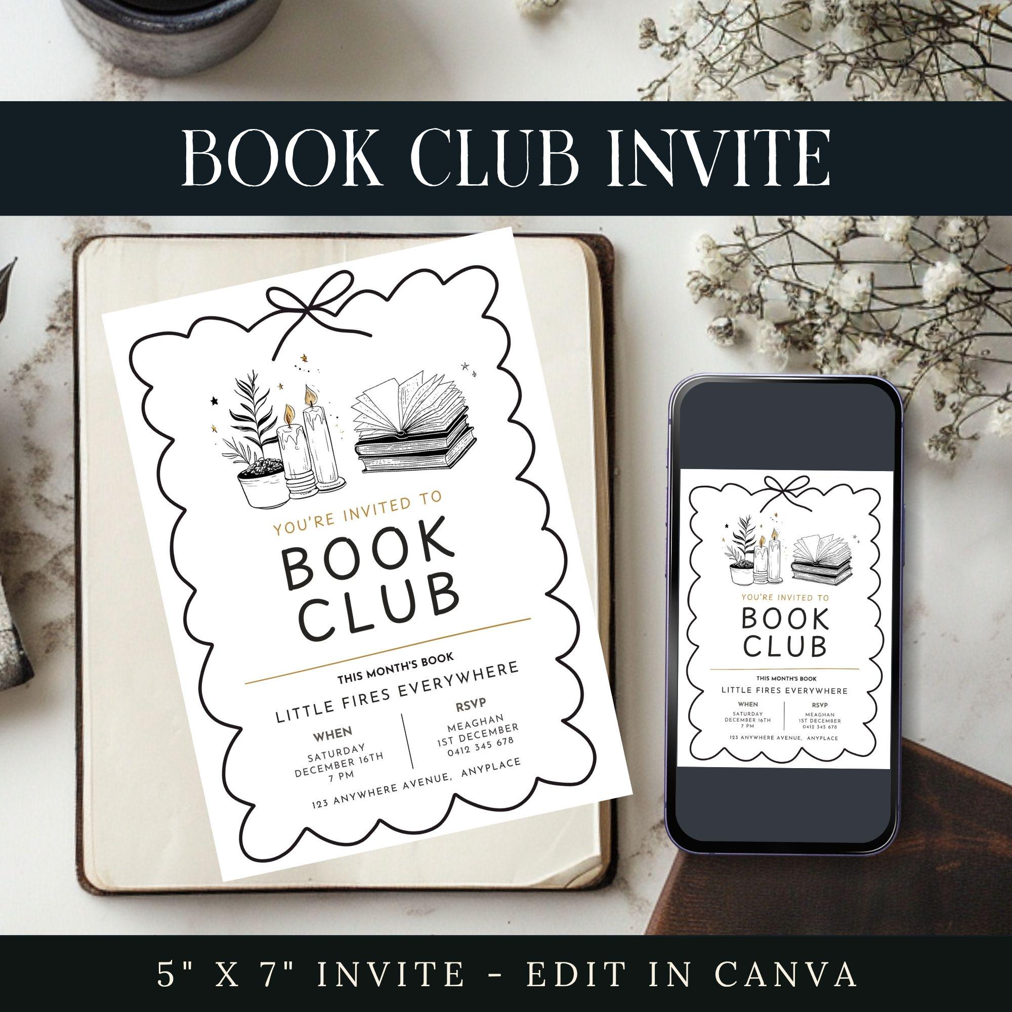 Book Invite Book Club Invitation, Printable Doodle Book Lover Invite, Cozy Reading ...