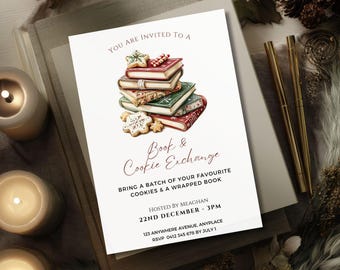 Carte d'invitation pour échange de livres, échange de biscuits des Fêtes, invitation à un club de lecture modifiable, invitation à une fête numérique, réunion d'échange de club de lecture de Noël