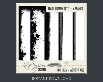 Black Grunge PNG Frames - Set of 5, Scrapbooking, Elements, Overlays, Vintage, Borders, Photography Tools, Vignette, Pages, Journal