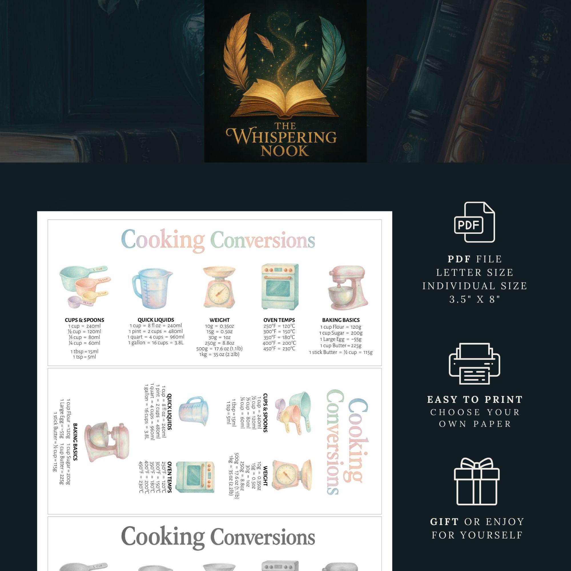 Kitchen Conversion Bookmarks, Printable Cooking Reference, Baking ...