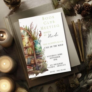 Book Club Invitation Template, CANVA, Editable Invite, Meeting Invitation, Reading Event Party, Monthly Printable PDF, Garden Shelf Invite