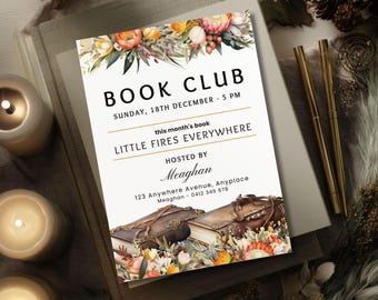 Book Club Invite Template, Native Flower Book Party Digital Invite, Reading Printable, Editable Book Meeting Invitation, Reading Group Flyer