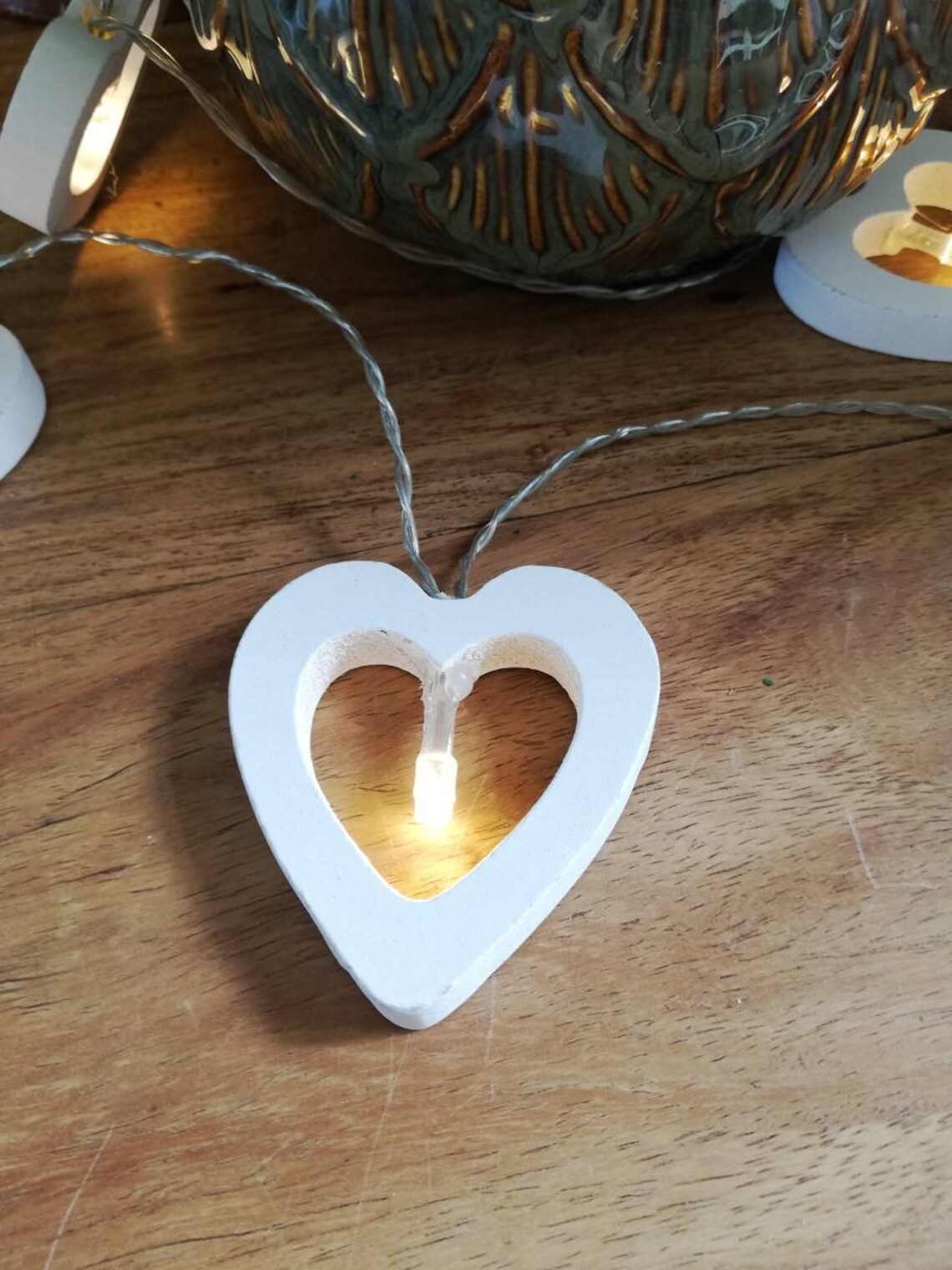 White wooden heart string lights battery operated 10 light Etsy