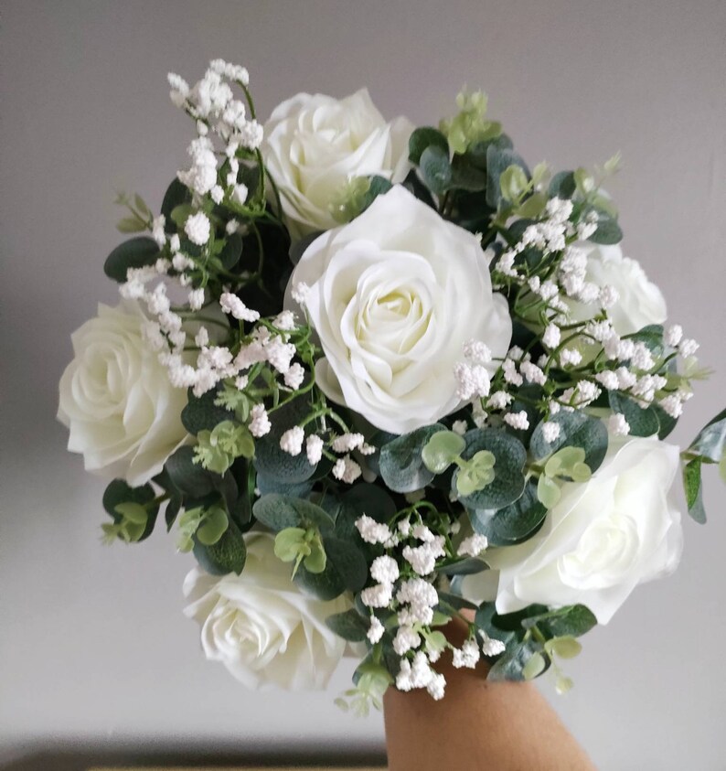 Artificial White Rose Gyp and Eucalyptus Hand Tied Wedding Etsy