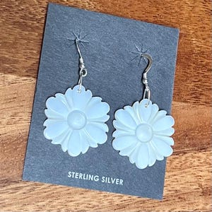 Carved Mother of Pearl  flower and Sterling Silver Earrings