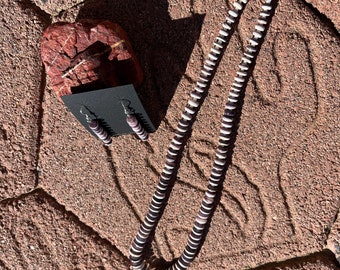 Wampum Graduated rondell Necklace and earrings. Sterling silver and violet heishi.