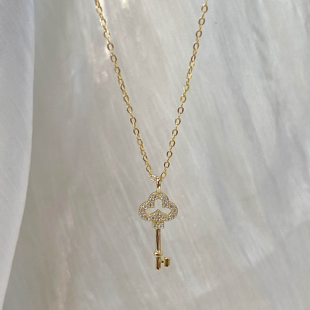 Dainty 14K Gold Key Pendant Necklace, Sterling Silver Minimalist Mini ...