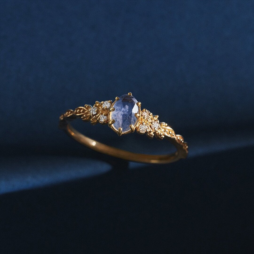 Cordierite and Labradorite Dainty Gold Ring, Natural Gemstone Ring, 14k Gold Diamond Ring, Gemstone Stacking Ring, Gift for Her, Promise