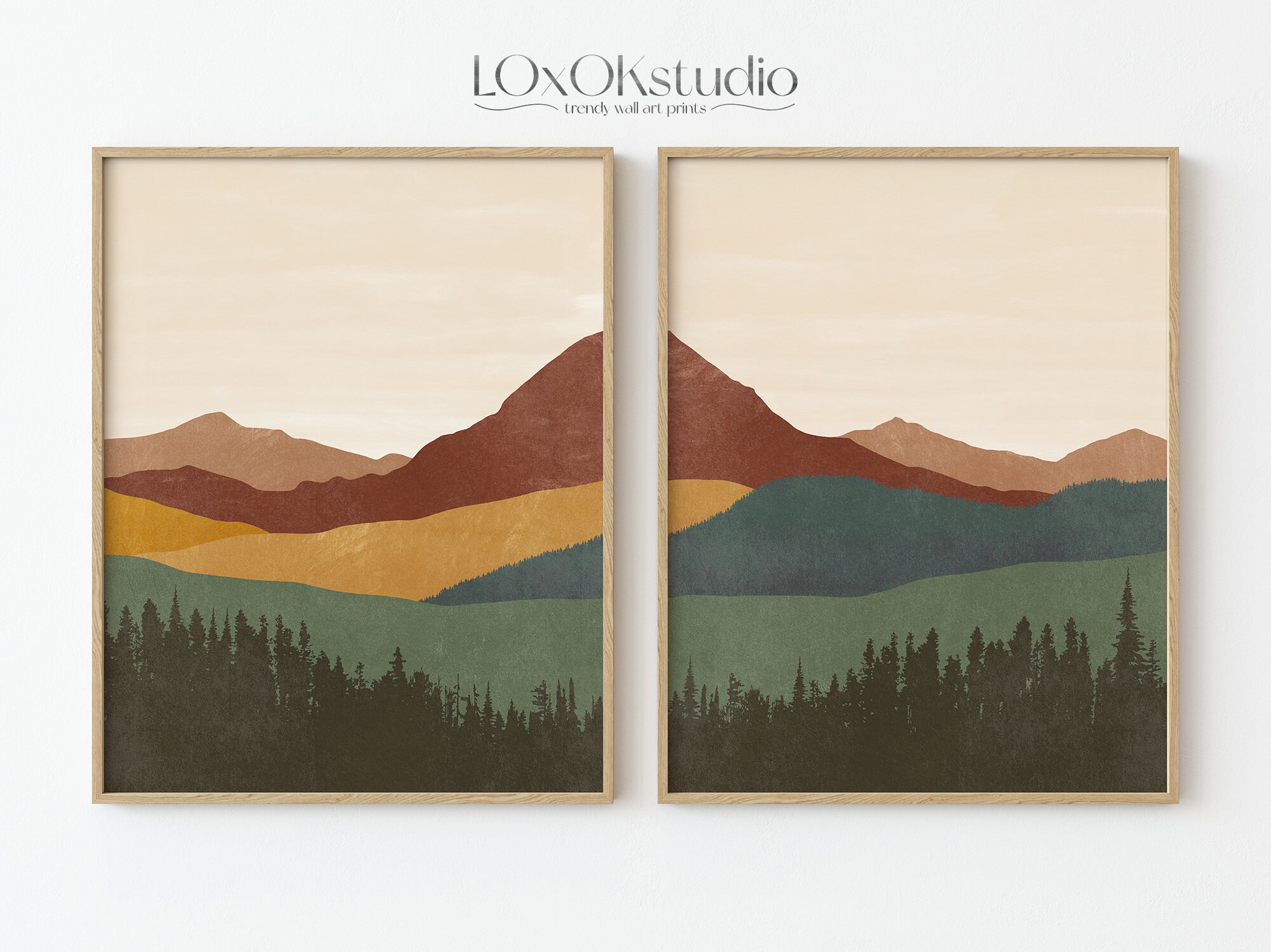 Mid Century Modern Art Set Of 2 Prints Abstract Landscape Etsy