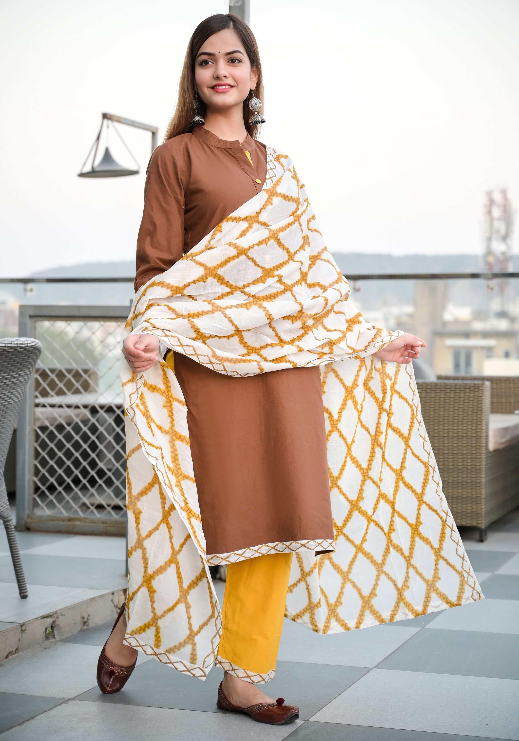 Dyed Brown Kurti With Pant Set Along Printed Chunni. Etsy