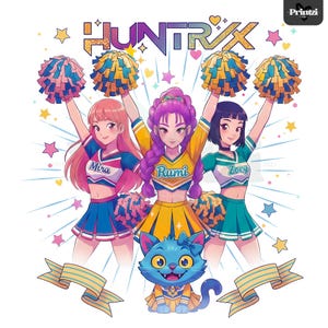 Peut inclure: Illustration de trois cheerleaders avec des pompons, vêtues d'uniformes bleus, jaunes et verts. L'image comprend le texte "HUNTRIX" et les noms "Mira", "Rumi" et "Zoey". Un chat bleu en tenue de pom-pom girl est en bas.