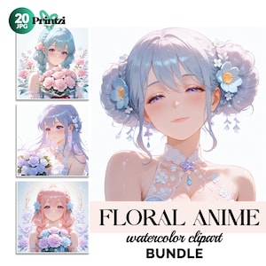 20 Watercolor Floral Anime Clipart Bundle - Cute Girl with Flowers Digital Paper, Delicate Illustrations in Japanese Style, Instant Download