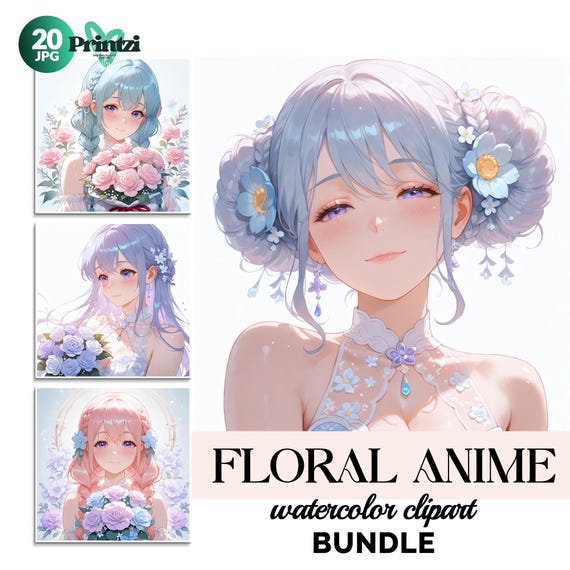 Watercolor Anime Clipart Bundle: Floral Girl Illustrations (Digital Download, 300 DPI, JPG Files)