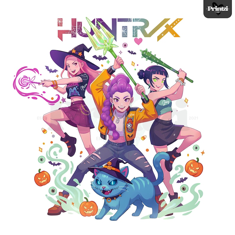 May include: A digital illustration featuring three female characters in Halloween costumes, holding weapons. A blue cat with a witch hat is in the foreground. The word "HUNTRX" is at the top. Pumpkins, bats, and other Halloween elements are scattered around the characters.