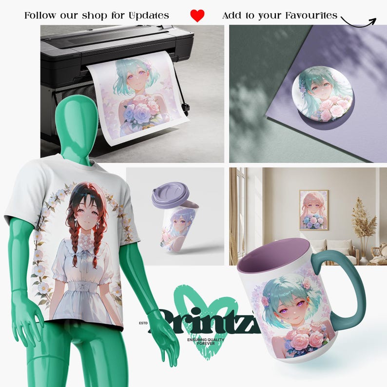 Akvarell Anime Clipart-paket: Blommiga flickillustrationer (digital nedladdning, 300 DPI, JPG-filer) bild 7