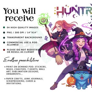 May include: Digital art featuring two young women in witch costumes, a blue cat, and a pumpkin. Text includes "You will receive" and "Endless possibilities" with details about image quality and usage.
