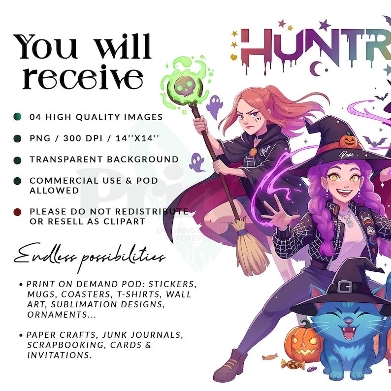 May include: Digital art featuring two young women in witch costumes, a blue cat, and a pumpkin. Text includes "You will receive" and "Endless possibilities" with details about image quality and usage.