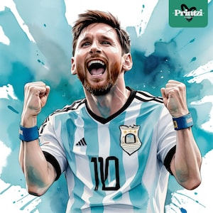 May include: Watercolor illustration of a soccer player in an Argentina jersey, number 10. The player is celebrating with arms raised, mouth open. The jersey is white and light blue striped with the Argentina crest. The background has blue watercolor splashes.