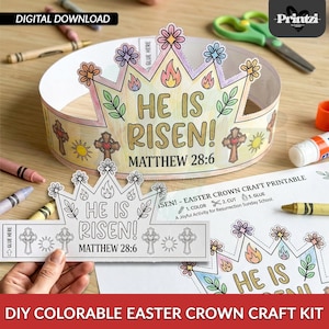 May include: A DIY Easter crown craft kit with the text "HE IS RISEN!" and "Matthew 28:6". The printable crown features crosses, suns, and flowers. The image includes crayons, scissors, and glue.