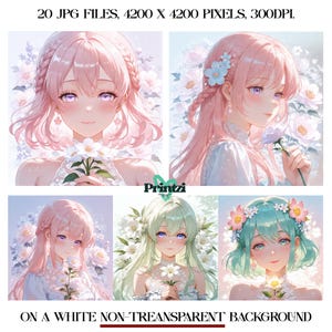 Akvarell Anime Clipart-paket: Blommiga flickillustrationer (digital nedladdning, 300 DPI, JPG-filer) bild 2