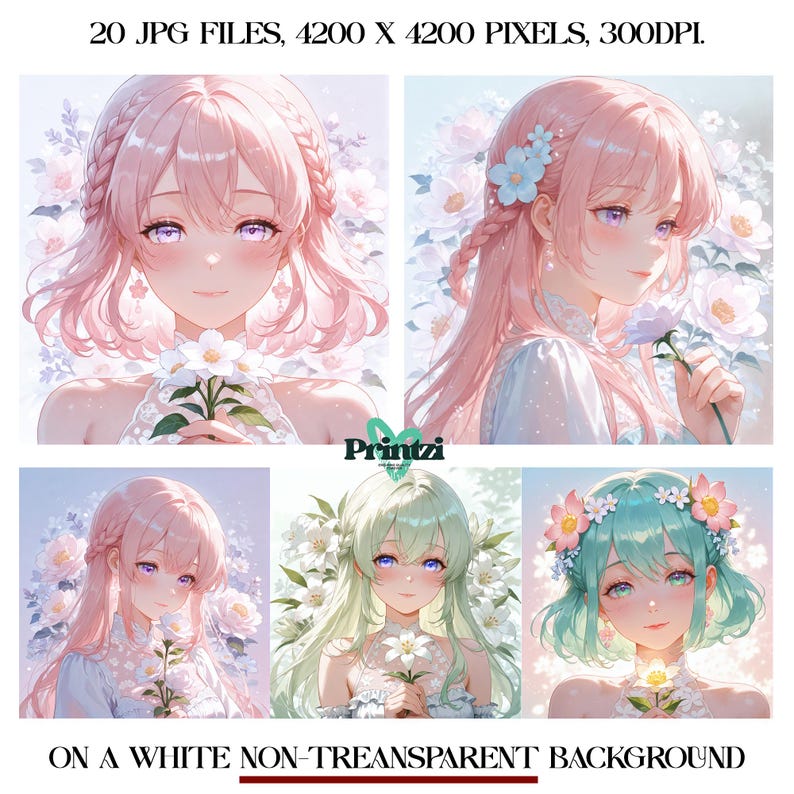 Akvarell Anime Clipart-paket: Blommiga flickillustrationer (digital nedladdning, 300 DPI, JPG-filer) bild 2
