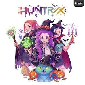 May include: Illustration featuring three young women dressed as witches, a blue cat wearing a witch hat, and two jack-o'-lanterns. The image has the word "HUNTRIX" in colorful text at the top. The witches are holding a staff, a candelabra, and a glowing potion.