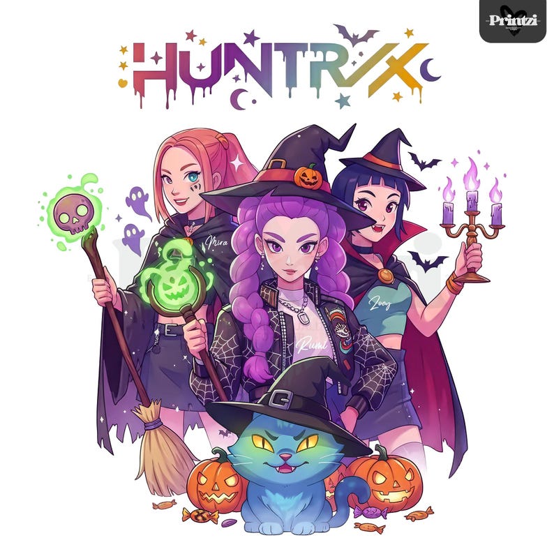 May include: Illustration featuring three young women dressed as witches, a blue cat wearing a witch hat, and two jack-o'-lanterns. The image has the word "HUNTRIX" in colorful text at the top. The witches are holding a staff, a candelabra, and a glowing potion.