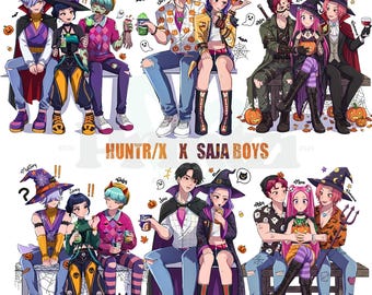 May include: Digital illustration featuring multiple pairs of anime-style characters in Halloween costumes, seated on a bench. The characters are surrounded by pumpkins, bats, and spiderwebs. The text "HUNTR/X X SAJA BOYS" is displayed.