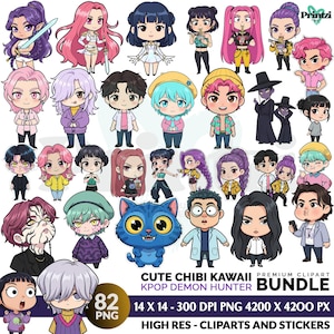 Pode incluir: Uma coleção de 82 imagens de clipart digital com personagens chibi fofos em várias poses e roupas. Os personagens têm olhos grandes e cabelos coloridos. O texto "CUTE CHIBI KAWAII KPOP DEMON HUNTER BUNDLE" é exibido.