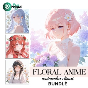 20 Aquarell Blumen Anime Clipart Bundle - süßes Mädchen mit Blumen, zarte Illustrationen im japanischen Stil, Sofort Download