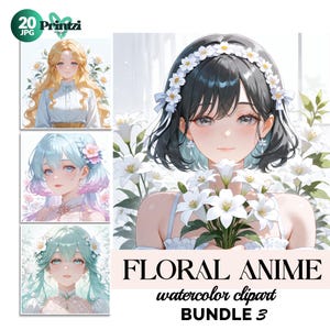 20 Watercolor Floral Anime Clipart Bundle - Cute Girl with Flowers Digital Paper, Delicate Illustrations in Japanese Style, Instant Download