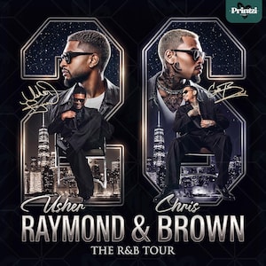 May include: A promotional poster for the Raymond & Brown R&B Tour featuring two musicians in black suits and sunglasses. Each artist is framed within a large number two, set against a dark starry background with a city skyline at the bottom.