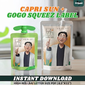 May include: A Capri Sun and GoGo Squeez label design featuring a cartoon illustration of a man giving a thumbs-up. The label includes text in English and Korean, with the words "Instant Download" at the bottom.