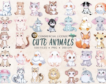 Baby Animals Watercolour Clipart Bundle: 100 PNG Nursery Art (Digital Download
