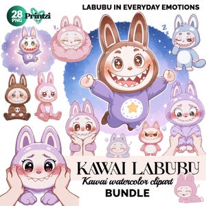 Pacote de clipart em aquarela Labubu: PNGs de monstros chibi kawaii (download digital)